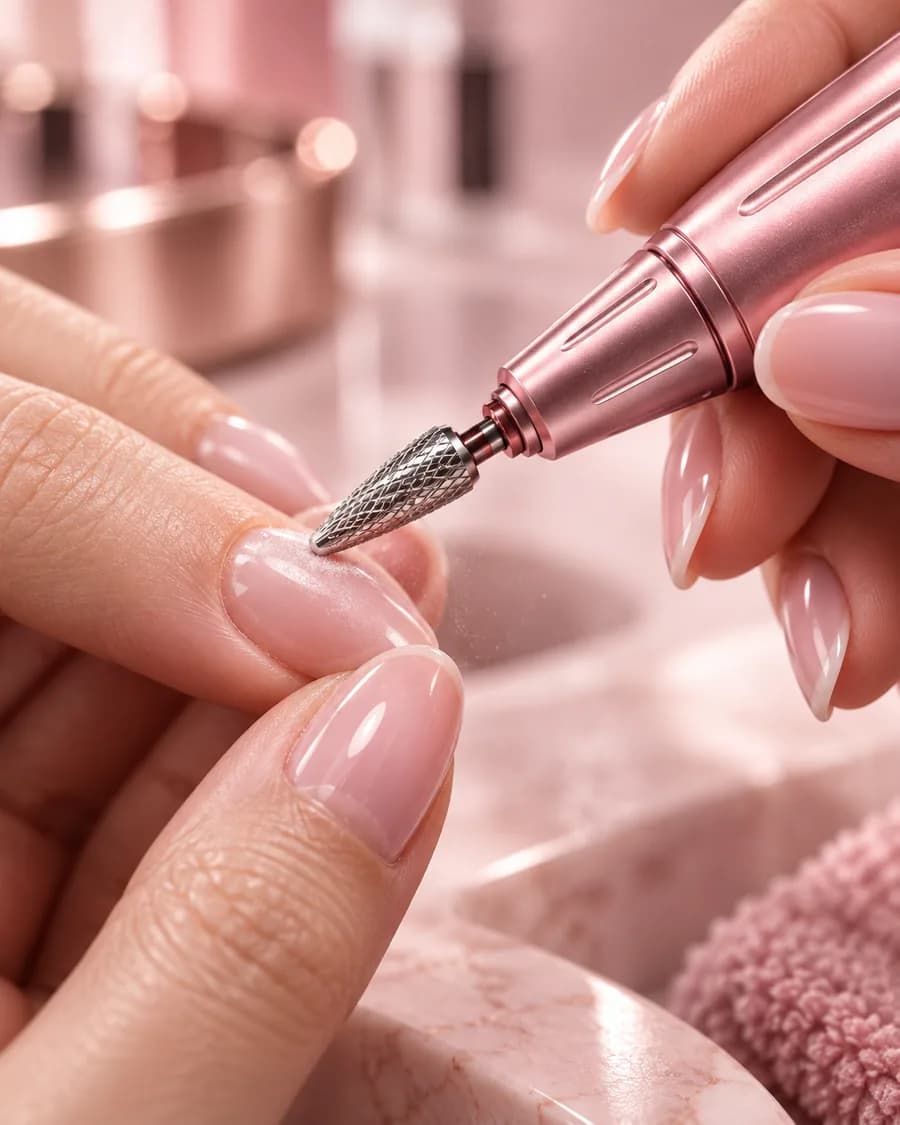 Gros plan : l’embout de la ponceuse NAILTECHPRO lime un ongle, tenue à la main