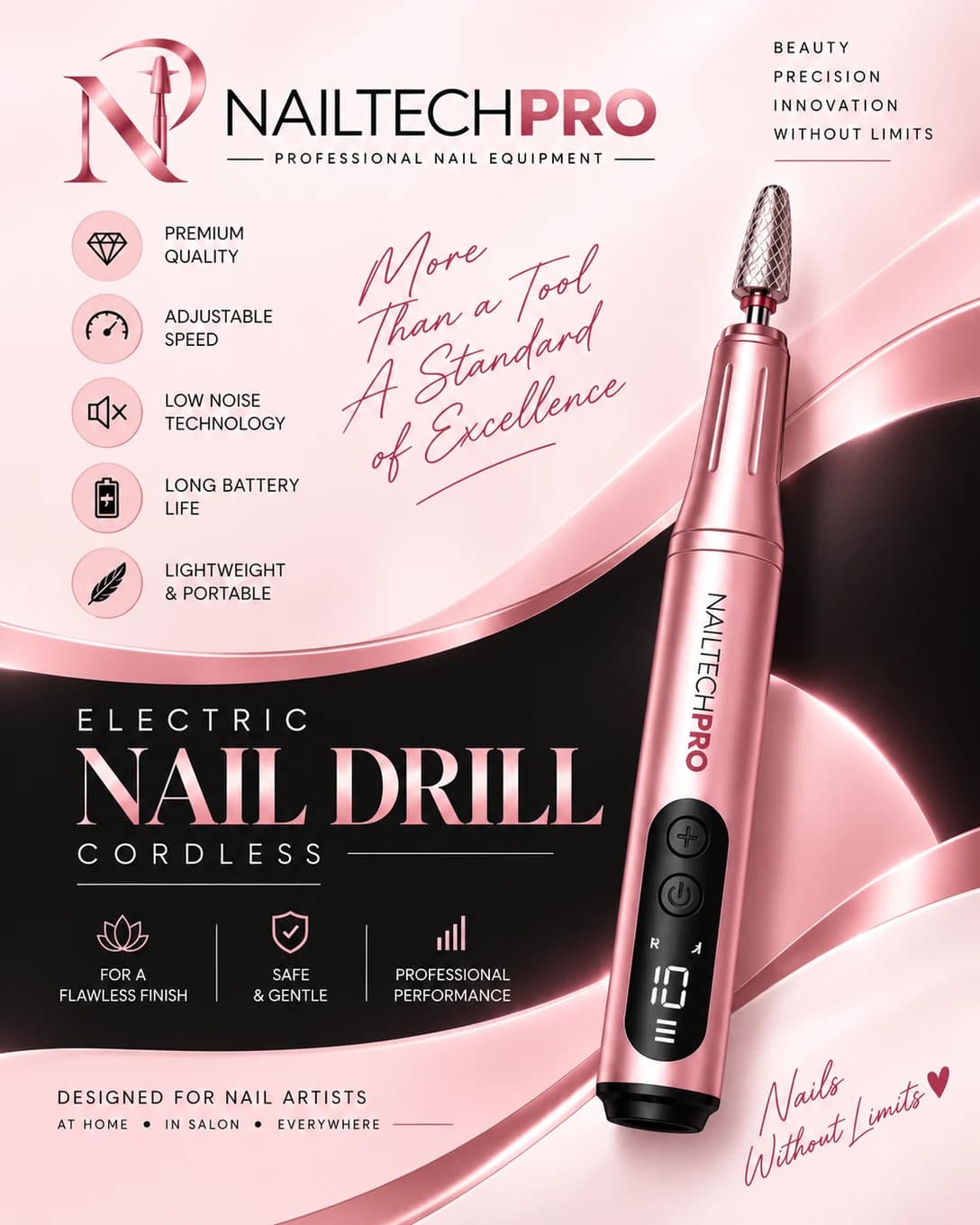 Coffret blanc NAILTECHPRO, la ponceuse rose gold visible sur l’emballage
