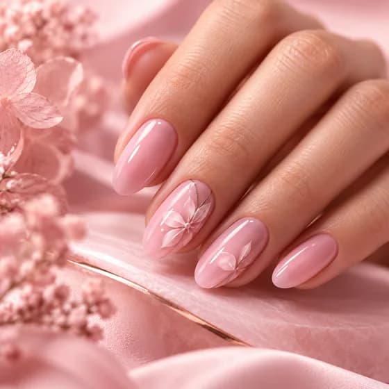 Ongles nude ornés d’un motif floral blanc