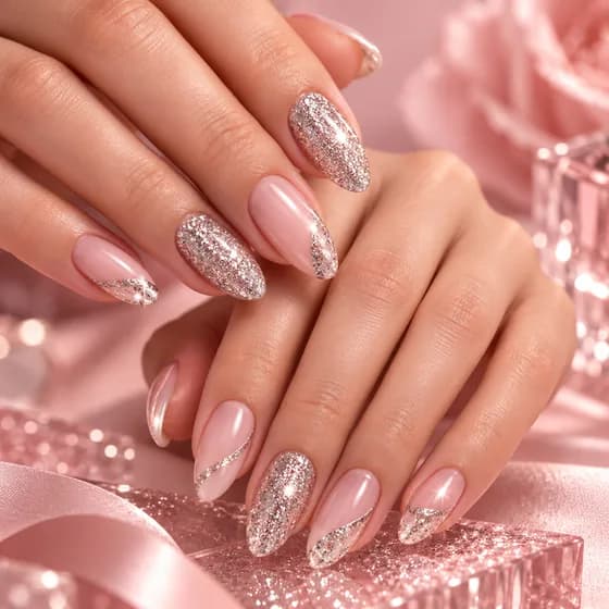 Ongles rose pâle rehaussés de paillettes argentées