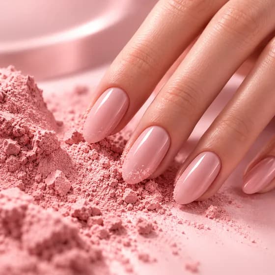 Ongles rose brillant posés sur de la poudre rose
