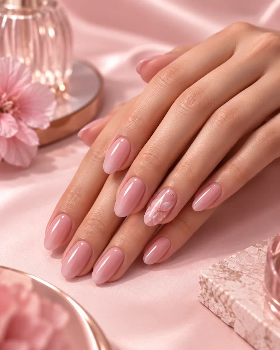 Main aux ongles nude parfaitement polis, posée sur de la soie rose